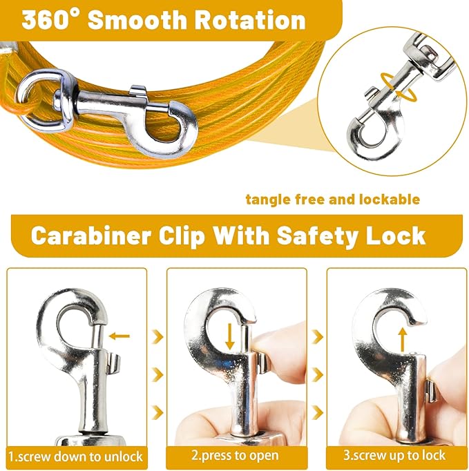 Dog Tie Out Cable 10/15/20/25/30 FT Runner for Yard Steel Wire Cable with Durable Superior Clips Yellow Chains for Outside Dog Lead for Large Up to 165 Lbs-PurrikoPets