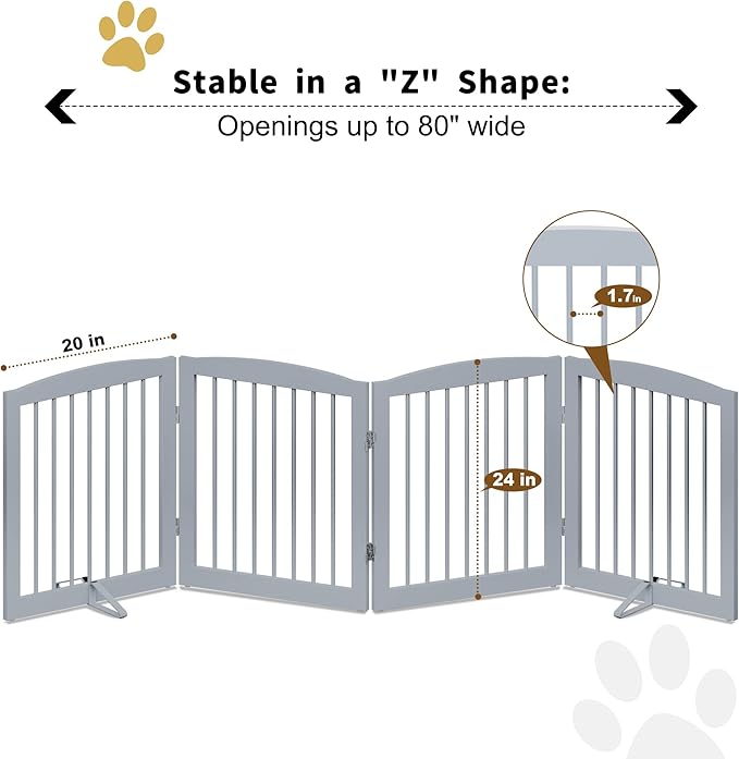 Freestanding Pet Gate - Foldable Wooden Dog Gate for House, Indoor, 80 Inch Wide, 4 Panels 24", Grey-PurrikoPets