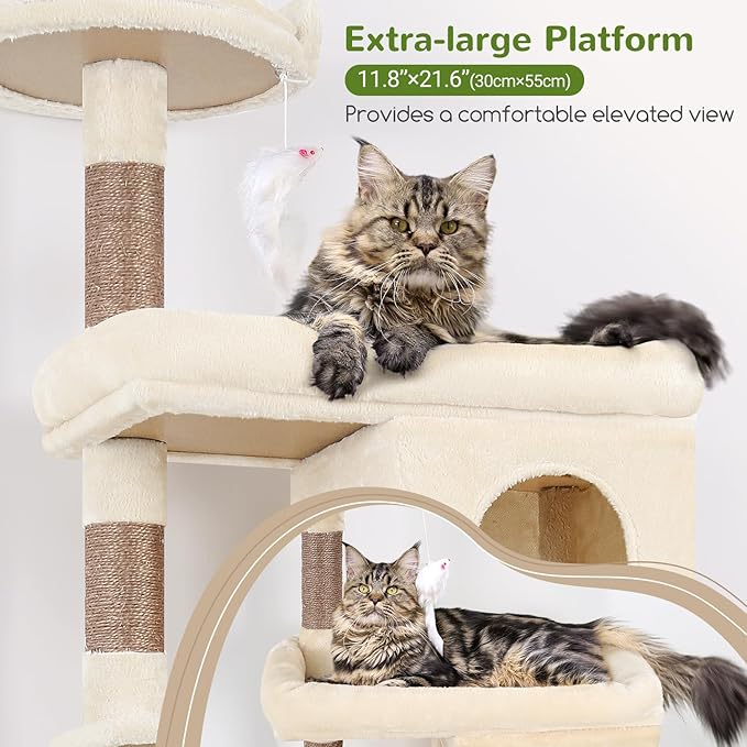 Globlazer Heavy Duty Cat Trees for Large Cats, Sturdy 72in Maine Coon Cat Tree for Large Cat 20 lbs+ Heavy Duty Cat Tower for Adult Biggest Cats with 6 Scratching Posts, Hammock, S72, Beige-PurrikoPets