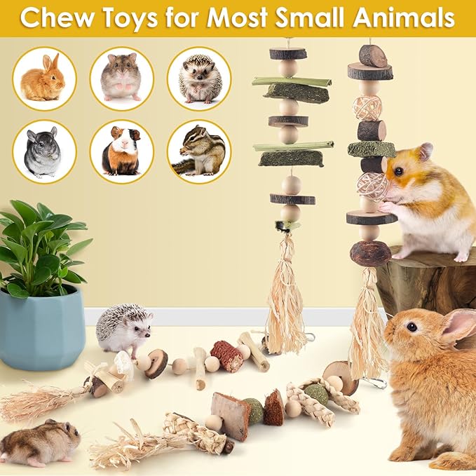 4 Pcs Bunny Chew Toys for Teeth, Hanging Rabbit Chewing Toy Treats with Timothy Grass & Natural Apple Wood, Improve Small Rodent Dental Health for Guinea Pig Hamster Chinchilla Rat Gerbil-PurrikoPets