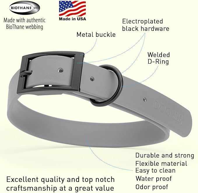 Dogline Biothane Waterproof Dog Collar Strong Coated Nylon Webbing with Black Hardware Odor- Proof for Easy Care Easy to Clean High Performance Fits Small Medium or Large Dogs, Battleship Gray-PurrikoPets