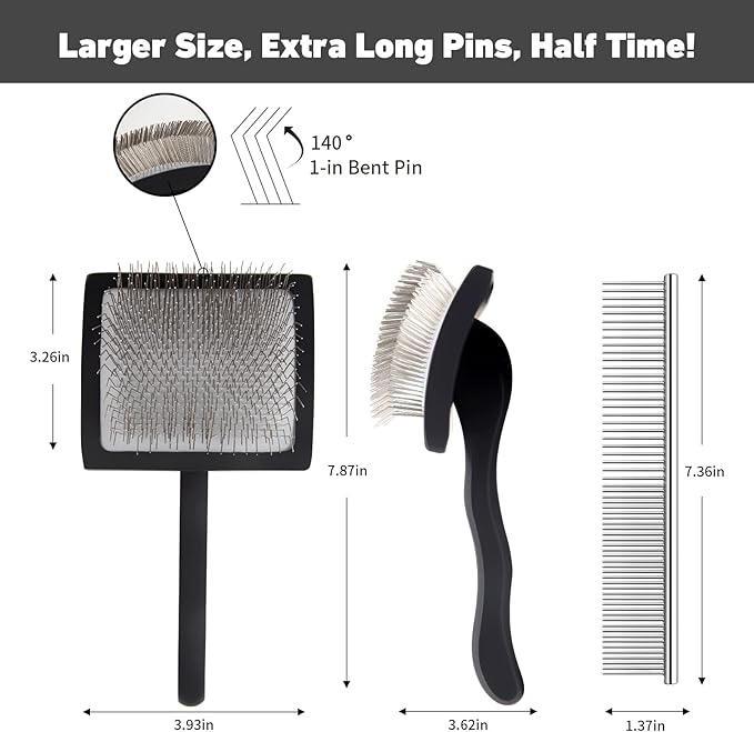 Dog Slicker Brush for Shedding and Grooming Medium or Long Haired Cats, Extra Long & Soft Pin Slicker Brush for Removes Loose Hair, Tangles, Knots, Undercoat, Free Pet Comb, Large Black-PurrikoPets