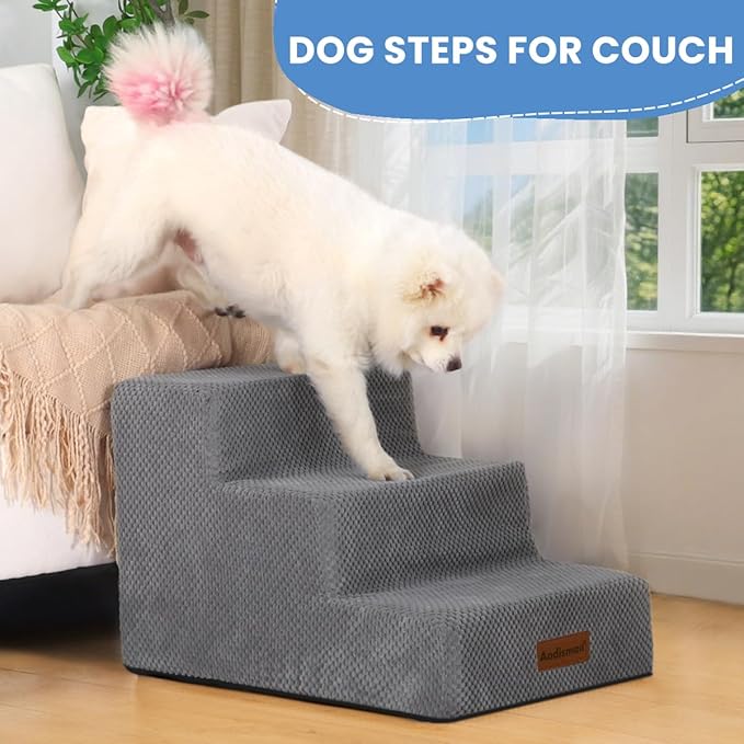 Dog Stairs for Small Dogs & Cats, 3-Step Non-Slip Pet Steps for Couch Sofa and Chair, Grey, 13.6" H-PurrikoPets