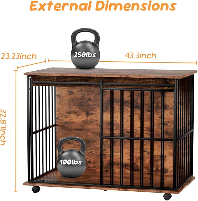 43.7" Dog Crate Furniture, XL Dog Crate Dog Kennel Indoor with Wheels for Large Medium Small Dogs, Wooden Dog Kennel End Table with Sliding Door Wooden Furniture Crates for Living Room, Bedroom-PurrikoPets