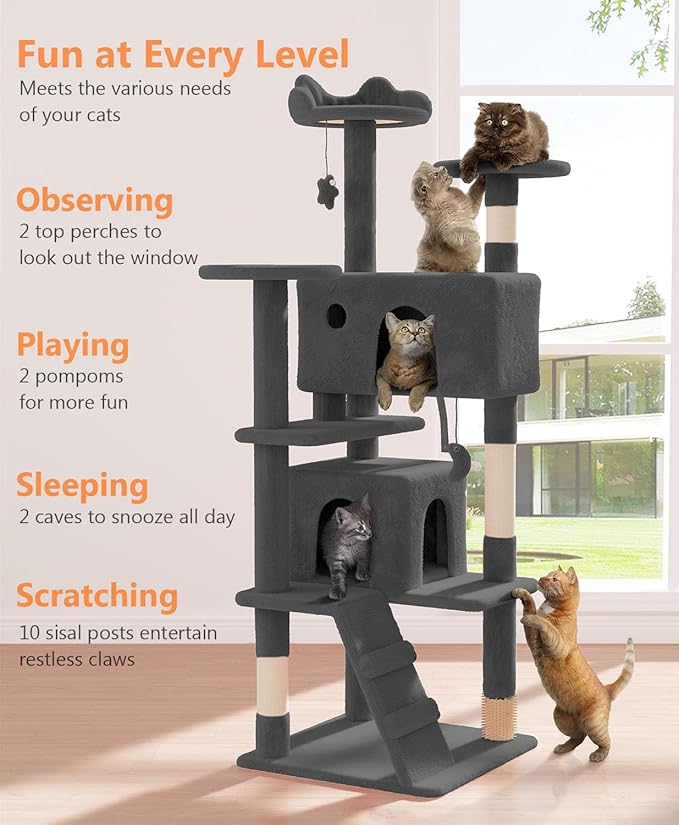 60" Cat Tree Tower for Indoor Cats Large Adult,Cute/Tall Modern Cat Tree for Big Cats 20 lbs, Plush Multi-Level Cat Condo with Scratching Posts,Dangling Ball (Smoky Gray, 60 inch)-PurrikoPets