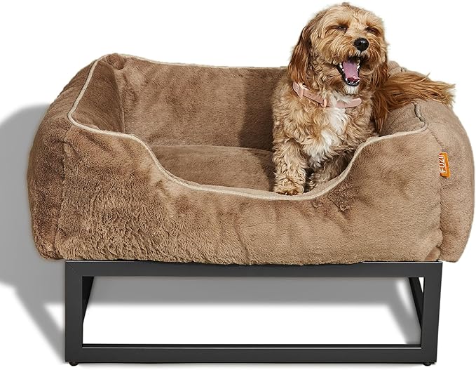 FUZI Luxury Aesthetic Dog Bed for Small Dogs with Washable Cover, Pet Couch, Pet Bed with Sides, Non-Slip Bottom, Soft and Durable Calming Dog Bed, Faux Rabbit Fur, Small 25.1x16.75x9.5 Light Brown-PurrikoPets