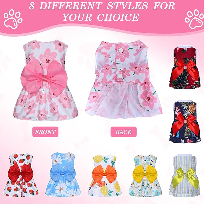 8 Pcs Summer Hawaiian Dog Dresses, Dog Bowknot Dresses Cute Hawaii Puppy Dress Soft Lightweight Clothes Princess Outfits Pet Skirts for Girl Dogs Beach Parties(Medium)-PurrikoPets