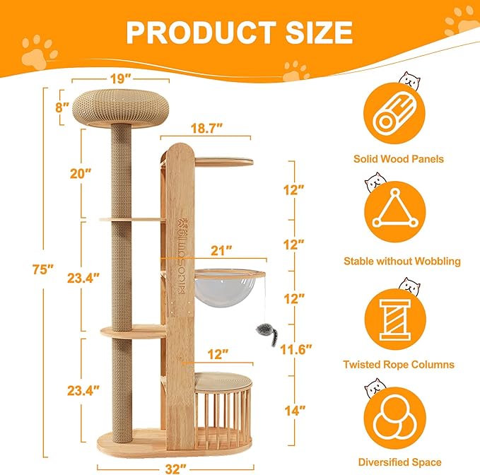 75 inch Cat Tree Tower for Indoor Cats Large Adult, Modern Big Cat Climbing Tower, Tall Cats Post, Corner Wood Cute Cat Condo with Sisal Scratching Posts-PurrikoPets