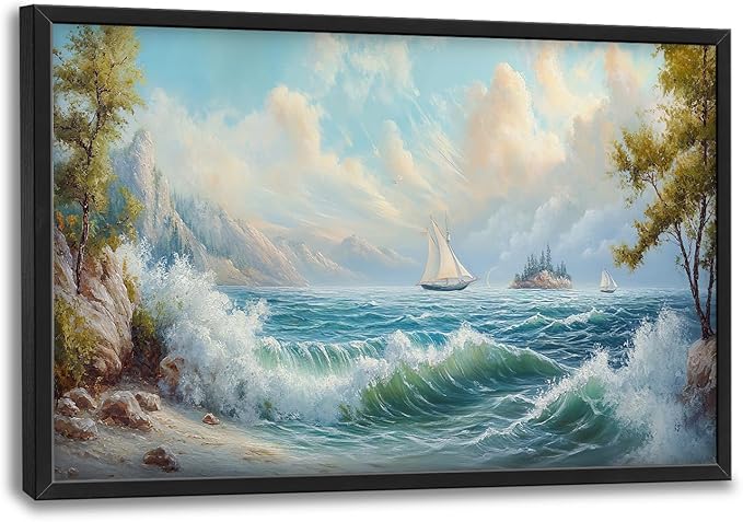 Framed Large Sailboat Wall Art for Living Room, Oversized Sea Coastal Wall Decor Beach Nautical Canvas Painting Seascape Pictures Home Decoration for Living Room Bedroom Office 36"x24"-PurrikoPets