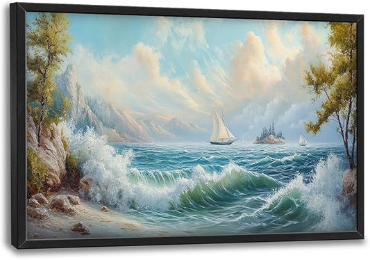 Framed Large Sailboat Wall Art for Living Room, Oversized Sea Coastal Wall Decor Beach Nautical Canvas Painting Seascape Pictures Home Decoration for Living Room Bedroom Office 36"x24"-PurrikoPets