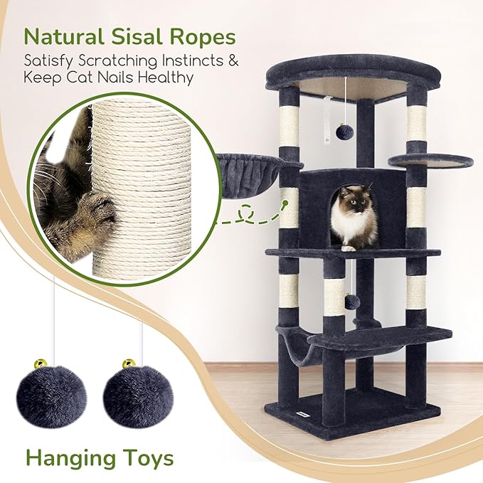 Globlazer Corner Cat Tree Tower for Indoor Cats, 51in Multi-Level Cat Condo Tower with Large Hammock, 7 Sisal Scratching Posts, Oversized Top Perch, Spacious Cat Cave, Hanging Basket, C51, Dark Grey-PurrikoPets