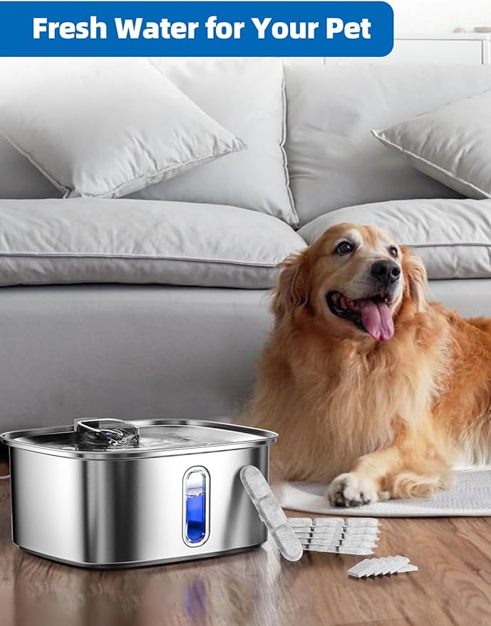 Dog Water Fountain for Large Dogs, 9L/2.4Gal Stainless Steel Dog Fountain with Visible Window & Filtration, Automatic Pet Water Bowl Dispenser Indoor, for All Dogs and Multi-Pet (Filters)-PurrikoPets