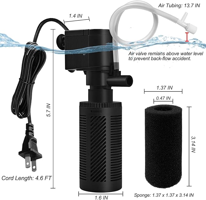 DOMICA Small Aquarium Filter with Aeration System 92GPH 5W Internal Filter for 3 to 10 Gallons Fish Tank, Submersible Fish Tank Filter with 4-pack Pre-filter Sponge-PurrikoPets