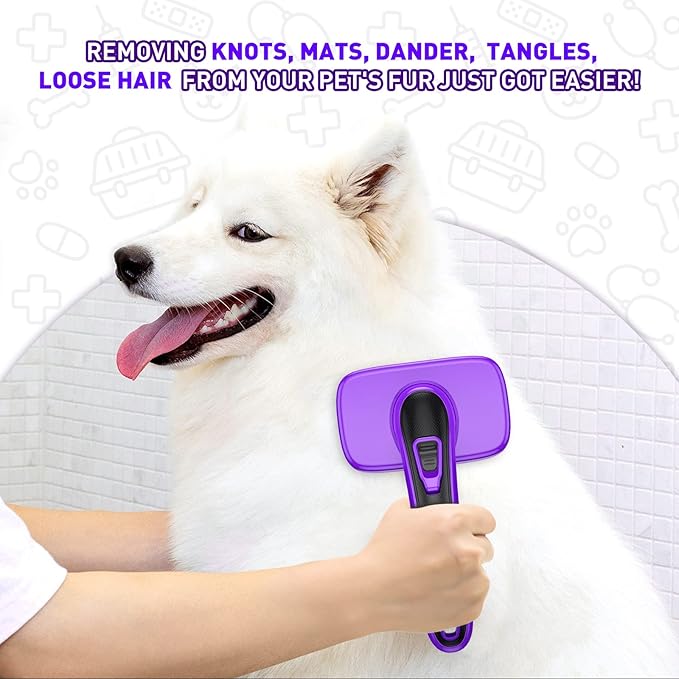 Dogs Cats Self Cleaning Slicker Brush for Shedding & Grooming Any Breed of Pets, Removes Loose, Undercoat, Mats, Tangled Hair for Small Medium Large Animal With Long Short Fur Length, Purple-PurrikoPets