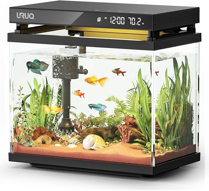 Fish Tank Smart Aquarium Kit: 2 Gallon UHD Glass Silent Water Pump Self Cleaning Multi-layer Filtration System - Temperature Sensing 7-color Lighting for Small Fish Betta Kids Room Desktop Decor Black-PurrikoPets