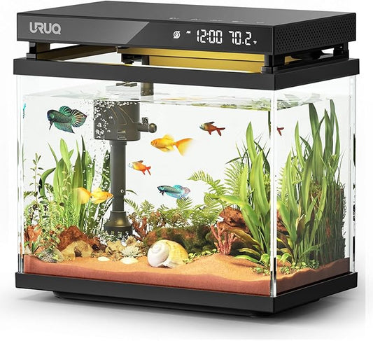 Fish Tank Smart Aquarium Kit: 2 Gallon UHD Glass Silent Water Pump Self Cleaning Multi-layer Filtration System - Temperature Sensing 7-color Lighting for Small Fish Betta Kids Room Desktop Decor Black-PurrikoPets