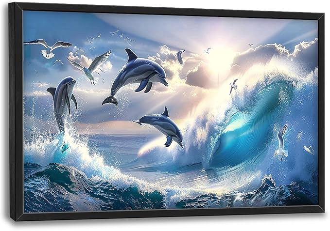 Dolphin Seagull Large Wall Art Sea Ocean Waves Sunrise Pictures Wall Decor Nautical Coastal Canvas Print Painting Artwork for Bathroom Living Room Bedroom 36L" x 24W"-PurrikoPets