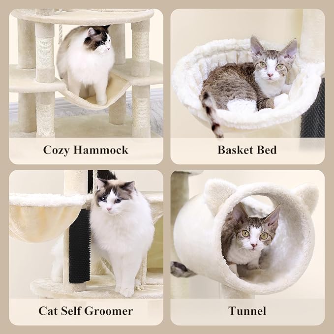 Globlazer Artistic Curved Cat Tower for Small Cats (Under 12 lbs), 81-inch Slim Design Cat Tree with Space-Saving Design, Indoor Cat Condo with Hammock & Tunnel, C81, Beige, Non-Large Cats-PurrikoPets