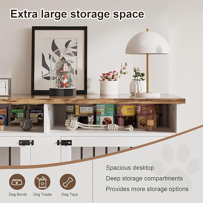 72'' Dog Crate Furniture for 2 Dogs, Wooden Dog Cage with Storage Compartment, Indoor Dog Kennel with 4 Doors for Large/Medium Dogs, White-PurrikoPets