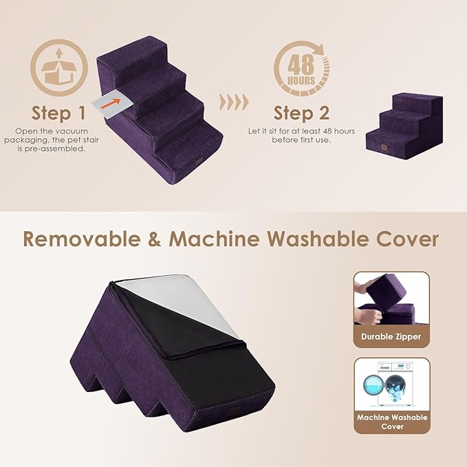 EHEYCIGA Dog Stairs for Small Dogs 13.5" H, 3-Step Dog Steps for Couch Sofa and Chair, Pet Steps for Medium Cats, Non-Slip Balanced Pet Ramp Indoor, Purple-PurrikoPets