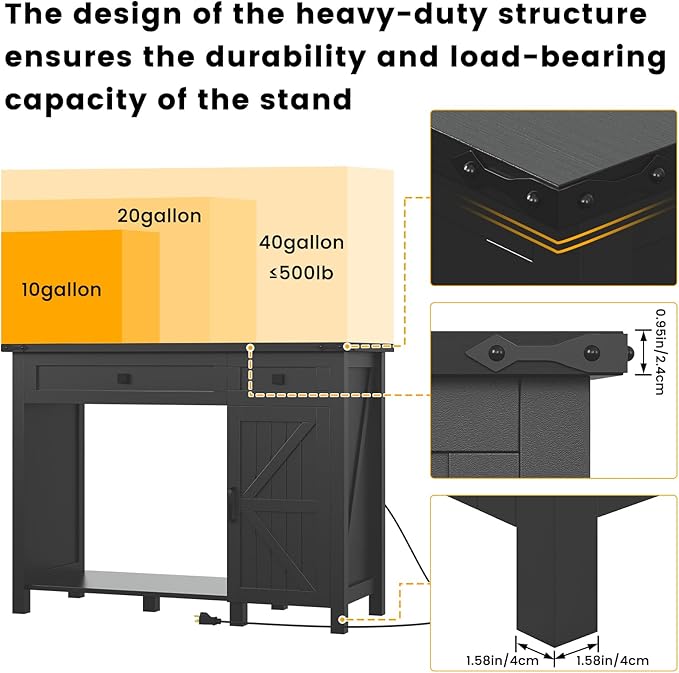 40 Gallon Aquarium Stand With Charging Station, Farmhouse Fish Tank Stand, Reptile Tank Stand Terrarium Stand with Drawer and Cabinet Storage, Sturdy Heavy Duty 41.9"×18.3" Tabletop - Black-PurrikoPets