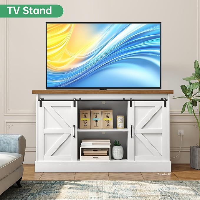 Fish Tank Stand Up to 75 Gallon, Aquarium Stand with Sliding Barn Doors & Power Outlet, White Farmhouse Style Stand with Cabinet Storage for Fish Tank, Turtle Tank, Reptile Terrarium,1000LBS Capacity-PurrikoPets