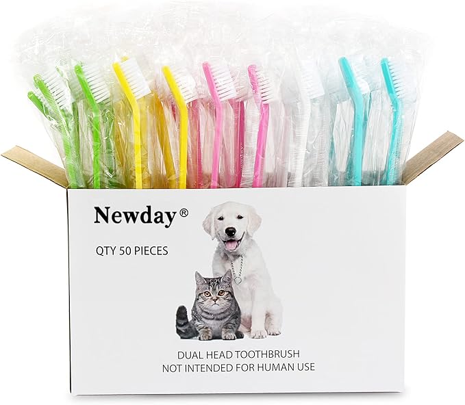 50 Pack Dual Ended Long Dog & Cat Toothbrush, Pet Safe Super Soft Bristles for Pet Dog Puppy Kitten Dental & Oral Care Teeth & Gums, Pet toothbrushes in Box, Bulk Individual polybag (Colorful)-PurrikoPets
