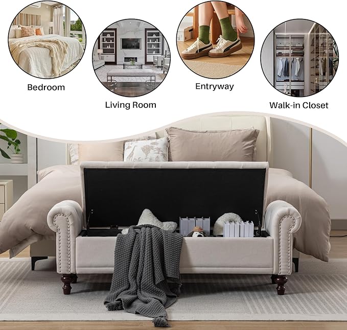 58.1'' Storage Bench Upholstered Linen End of Bedroom Bed Bench Ottoman with Tufted Cushioned Rolled Arm Large Storage Space for Reading Living Room Entryway, Beige-PurrikoPets