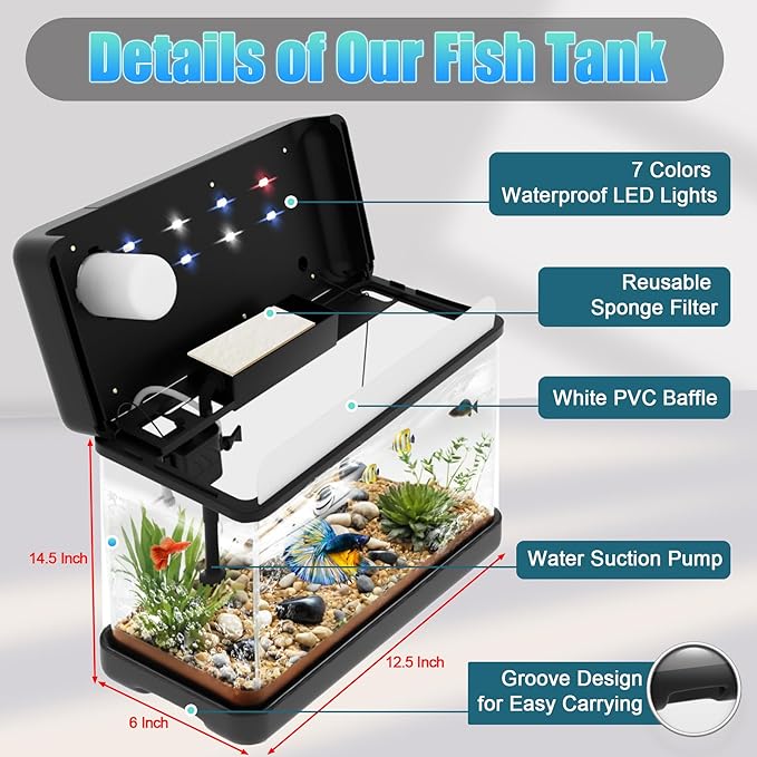 Fish Tank Aquarium 3 Gallon, Smart Aquarium Kits - Silent Water Pump,Self Cleaning System,7 Color Lights,Temperature Display, Aromatherapy, Advanced Filtration-PurrikoPets