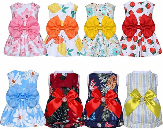 8 Pcs Summer Hawaiian Dog Dresses, Dog Bowknot Dresses Cute Hawaii Puppy Dress Soft Lightweight Clothes Princess Outfits Pet Skirts for Girl Dogs Beach Parties(Medium)-PurrikoPets