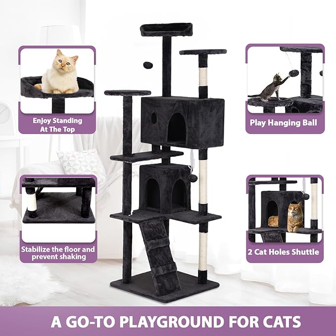 70 inches Cat Tower for Indoor Cats Multi-Level Cat Condos for XL Cat Tree Cat Climbing Tower with Scratching Posts, Hanging Toys,Dark Gray-PurrikoPets