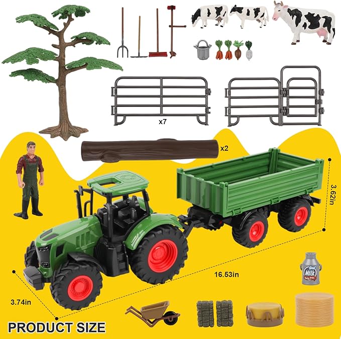 Farm Animal Tractor Toys Playset-16.5 Inches Tractor with Trailer Fence,Farmer,Tree,Cow,Farm Toy Set for Boys Girls Kids Toddlers Age 3-7 Years Old-PurrikoPets