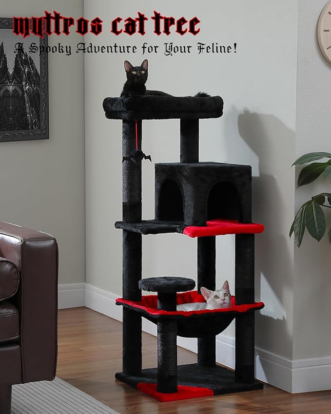 Gothic Cat Tree with Super Large Hammock, 45.7" Black Cat Tower with Coffin Bed, Cat Condo, Sisal Scratching Posts & Top Perch, Multi-Level Goth Cat Tree, Halloween, Black-PurrikoPets