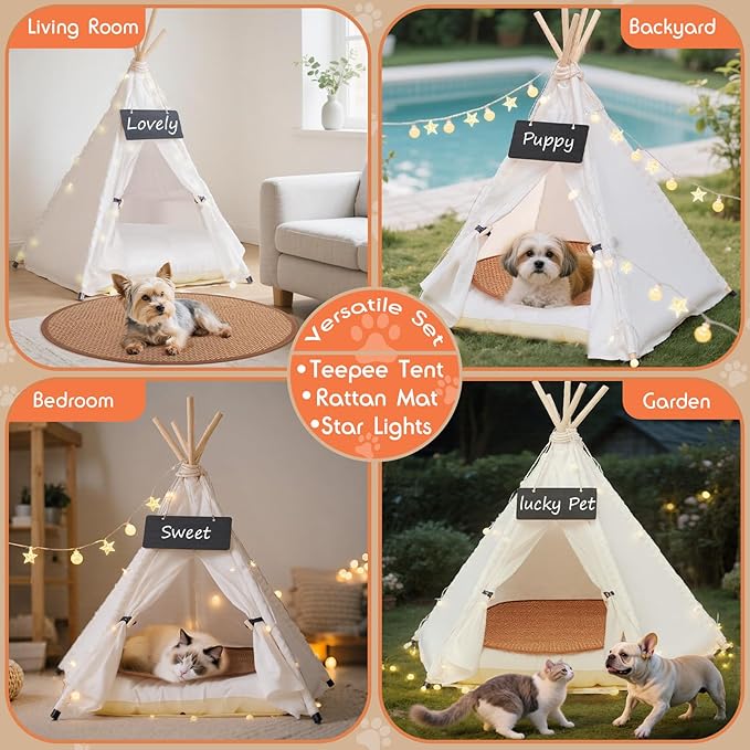 24" Dog& Cat Teepee Tent +28" Pet Cooling Mat +10ft Star String Light [2-Modes],Cotton Thicked Soft Comfort Anti-Slip Cushion (Used/Wash Separately), Indoor or Outdoor Large Pets Tents House-PurrikoPets