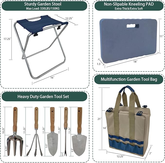 Garden Folding Gardener Stool with Gardening Tools Insulation Garden Bags Plus 5 Garden Tools and Gardening Kneeler Ideal Gift for Mother's Day/Father's Day (Navy Blue)-PurrikoPets