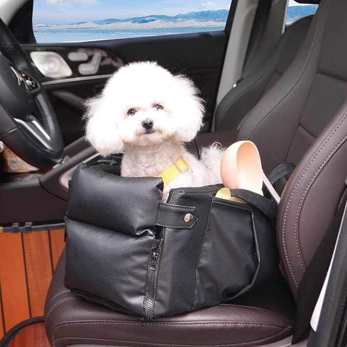 2 and 1 Center Console Dog Car Seat & Carrier for Small Dogs, Large Leather Dog Car Bed with Storage Pocket, Waterproof PVC Leather Seat Travel Bed for Front & Back Seat, Clip-On Safety Leash-PurrikoPets