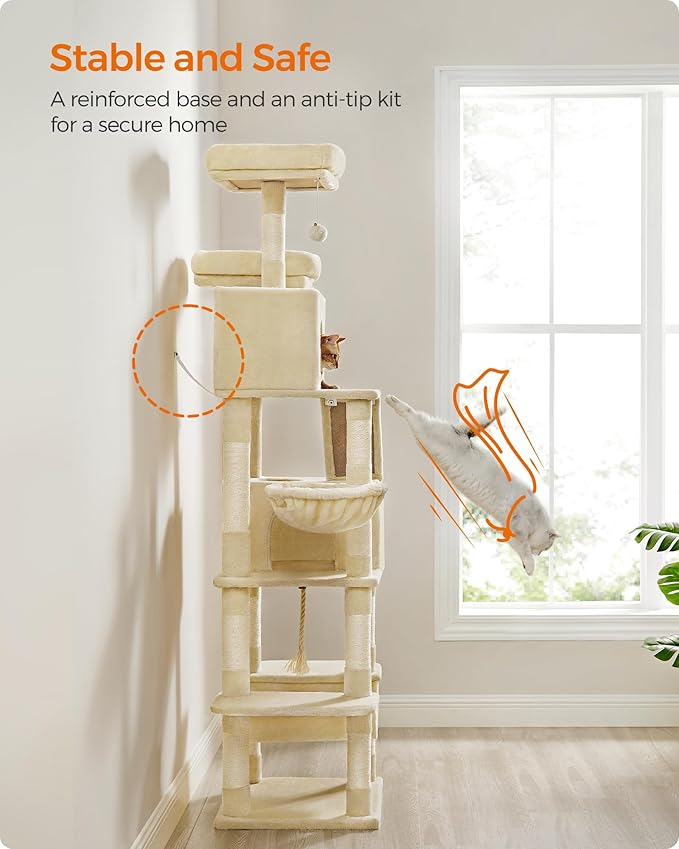 Feandrea Cat Tree, 81.1-Inch Large Cat Tower with 13 Scratching Posts, 2 Perches, 2 Caves, Basket, Hammock, Pompoms, Multi-Level Plush Cat Condo for Indoor Cats, Beige UPCT190M01-PurrikoPets