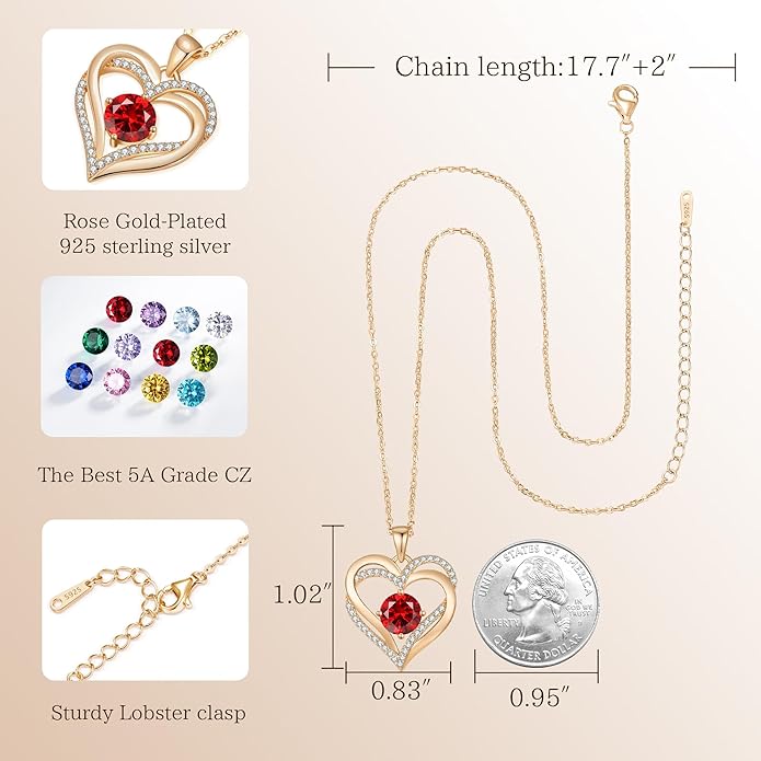 LOUISA SECRET Love Heart Birthstone Necklaces for Women, Birthday Gift for Girlfriend, Anniversary Jewelry Gift for Wife Her, 925 Sterling Silver Women Pendant Necklace, Mother's Day Christams Gift