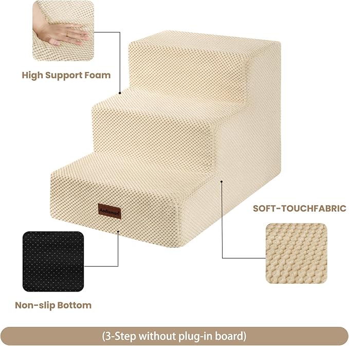 Dog Stairs for Small Dogs & Cats, 3-Step Extra Wide Non-Slip Pet Steps for Couch Sofa and Chair, Beige, 15.7" H-PurrikoPets