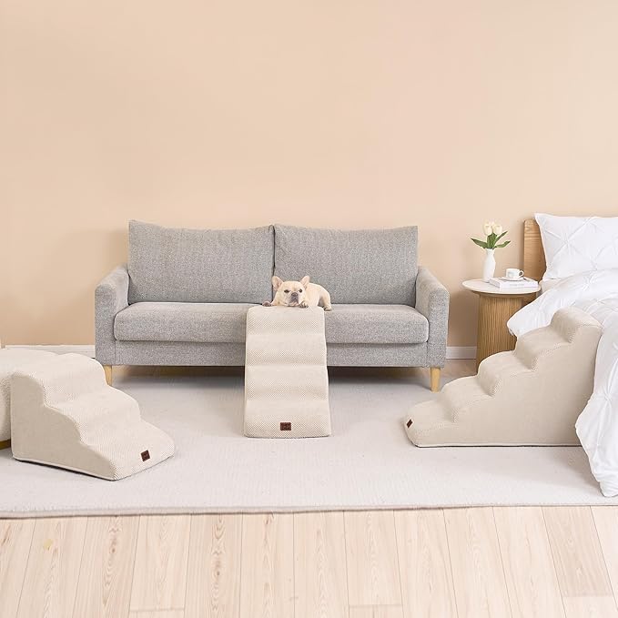EHEYCIGA Curved Dog Stairs Ramp for High Beds 22.6" H, 5-Step Dog Steps for Small Dogs and Cats, Pet Stairs for High Bed Climbing, Non-Slip Balanced Pet Step Indoor, Beige-PurrikoPets
