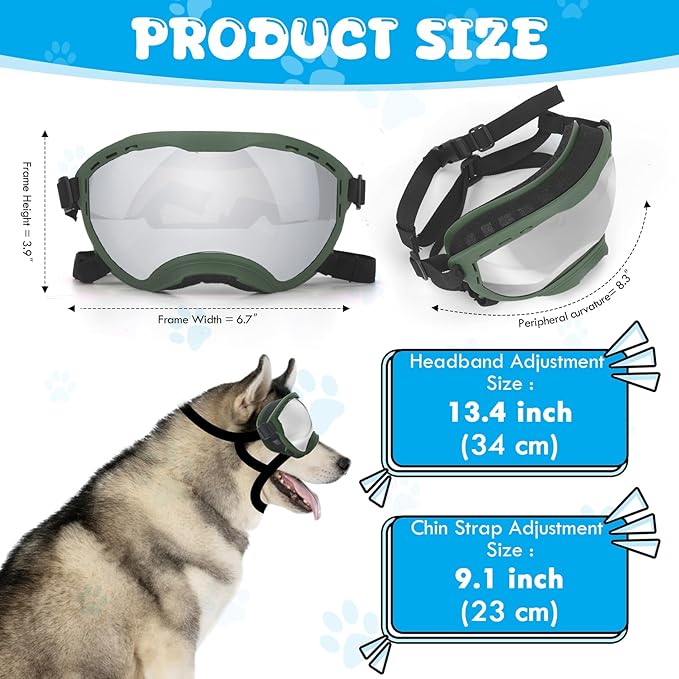 Dog Goggles for Large Dogs, UV Wind Dust Fog Protection, Soft Frame Adjustable Dog Sunglasses, Summer Driving & Winter Snow Eyewear, Tactical Pet Glasses with Elastic Strap (Green)-PurrikoPets