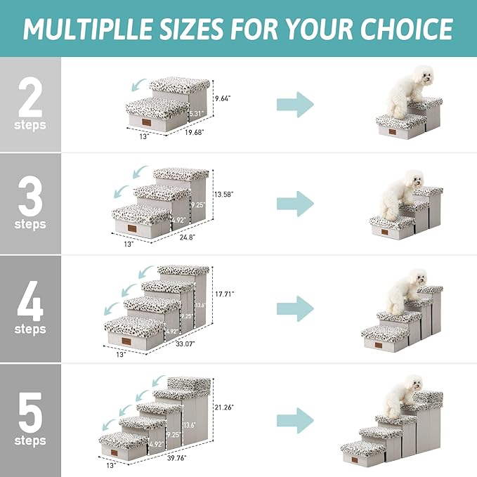 Dog Stair for Small Dogs with Storage, Foldable Pet Stairs for Medium or Puppy Dogs and Older Cats, Dog Steps for Bed or Couch with Soft Cover, 19.7x13x9.6 inch, 2 Tiers, Leopard-PurrikoPets