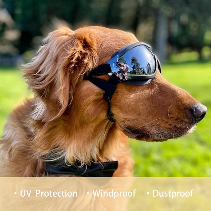 Dog Sunglasses for Large and Medium Breed, Dog Goggles for Large Dogs, Sun Protection, Windproof, Waterproof, Dustproof and Anti-Fog with Adjustable Strap for Driving, Motorcycle, Black-PurrikoPets