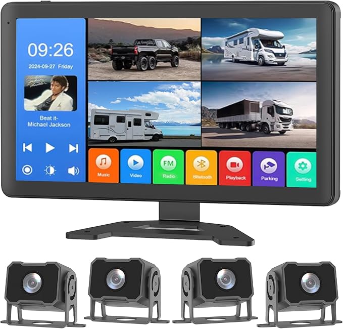 4 Channel 1080p HD Backup Camera System with 10.2" Touchscreen Monitor, DVR Recording/Playback, Bluetooth, FM Radio & Media Player for Trucks, Semis, RVs, Trailers, Vans, SUVs, Cars-PurrikoPets