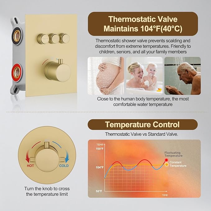 12 Inch Rain Shower System, Brushed Gold Shower Faucet Set with Push Button Diverter, 6 Inch Wall Mounted 3-Functions Bathroom Shower Systems with Dual-Function Handheld (Thermostatic, Gold Brushed)-PurrikoPets