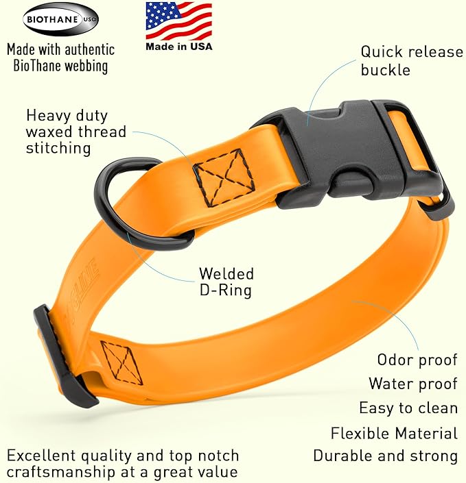 Dogline Biothane Waterproof Dog Collar with Quick Release Buckle Strong Coated Nylon Webbing with Odor- Proof for Easy Care Easy to Clean Fits Small Medium Large Dogs, Tangerine Orange 3/4" W 12-19" L-PurrikoPets