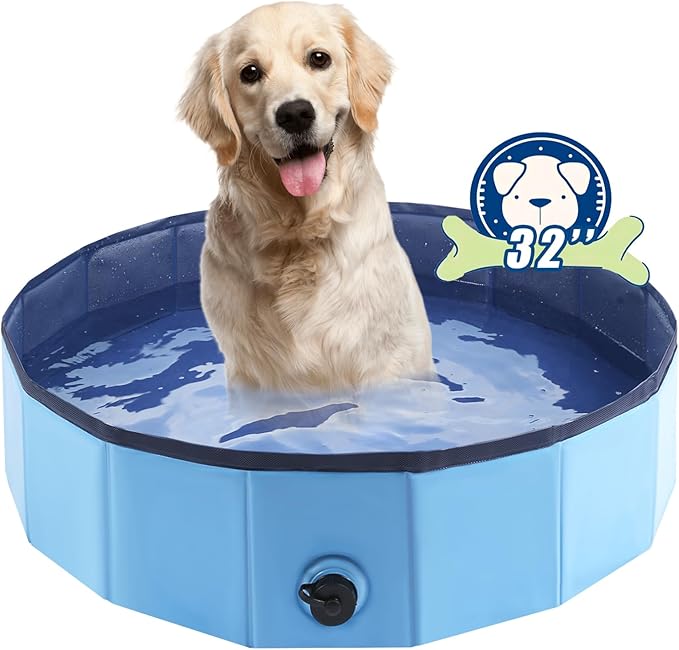 Foldable Dog Bath Swimming Pool Plastic Kiddie Pool Professional Tub Collapsible Grooming Bathtub for Pets Kids Baby and Toddler, 32 x 8 Inches Blue-PurrikoPets