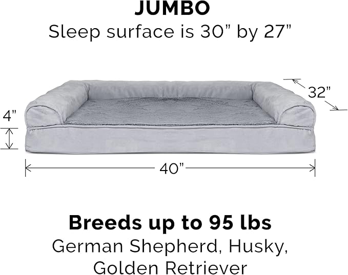 Furhaven Orthopedic Dog Bed for Large Dogs w/ Removable Bolsters & Washable Cover, For Dogs Up to 95 lbs - Plush & Suede Sofa - Gray, Jumbo/XL-PurrikoPets