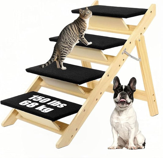 Foldable Dog Stairs/Ramp with 4 Steps - Durable Wooden Pet Stairs for Small, Medium, Large Dogs - Black (5098)-PurrikoPets
