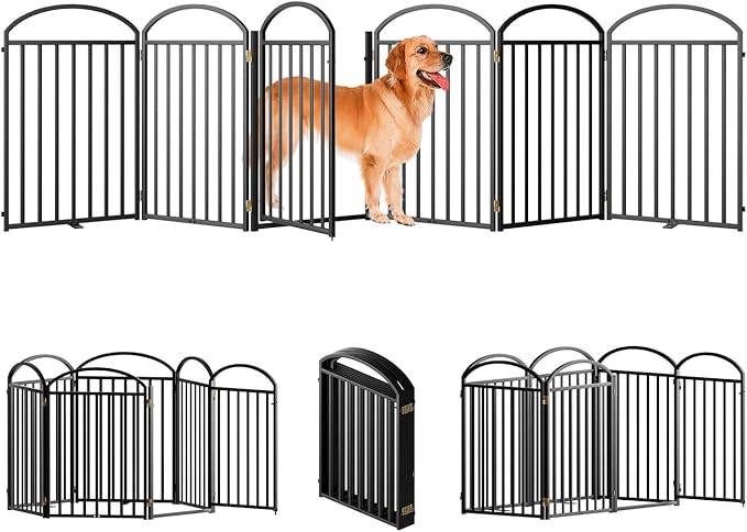 6 Panles Full Matel Freestanding Dog Gates with Door, 144"Extra Wide 32"Tall Free Standing Dog Pet Gate for Indoor & Outdoor. Foldable Pet Fences for Doorways, House, Stairs, Porch, Deck, Yard-PurrikoPets